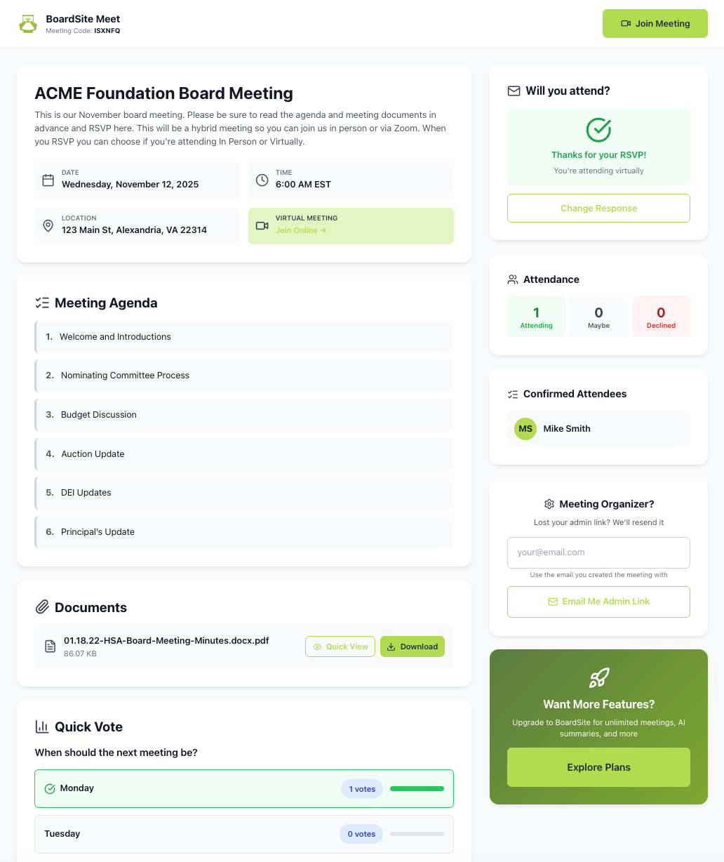 Free board meeting website sample